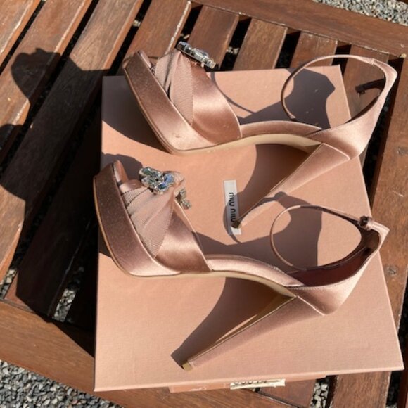 Miu Miu Nude Satin Heels with Crystal Embellishment, Size 6.5 - Picture 10 of 13